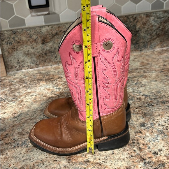 Old West Girls 10 Brown & Pink Leather Cowgirl Boots Square Toe Western - Picture 9 of 10